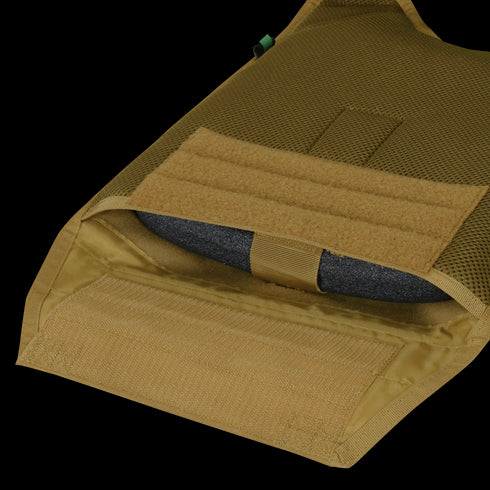 A close-up of the Condor Modular Operator Plate Carrier Gen II in MultiCam shows a black ballistic plate partially inserted into its pocket, designed for law enforcement and first responders.